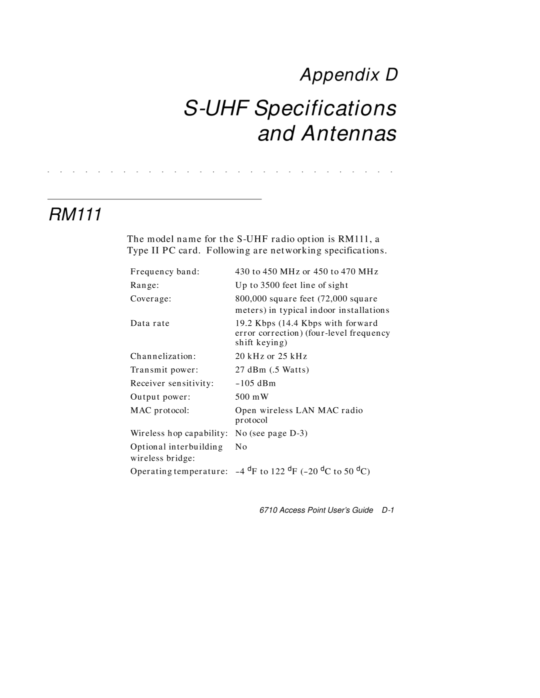 Intermec 6710 manual Appendix D, RM111 