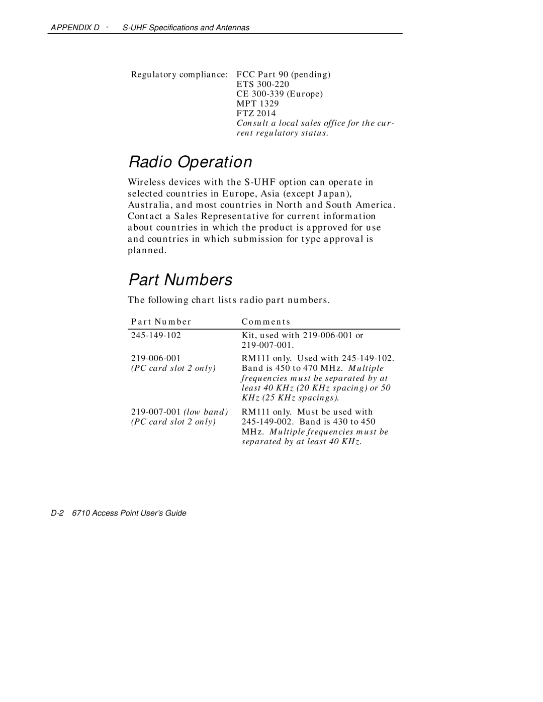 Intermec 6710 manual Following chart lists radio part numbers, Part Number Comments 