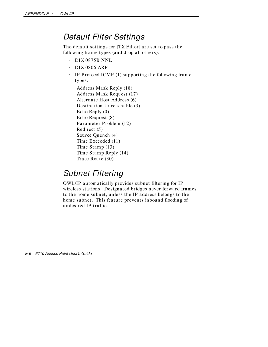 Intermec 6710 manual Default Filter Settings, Subnet Filtering 