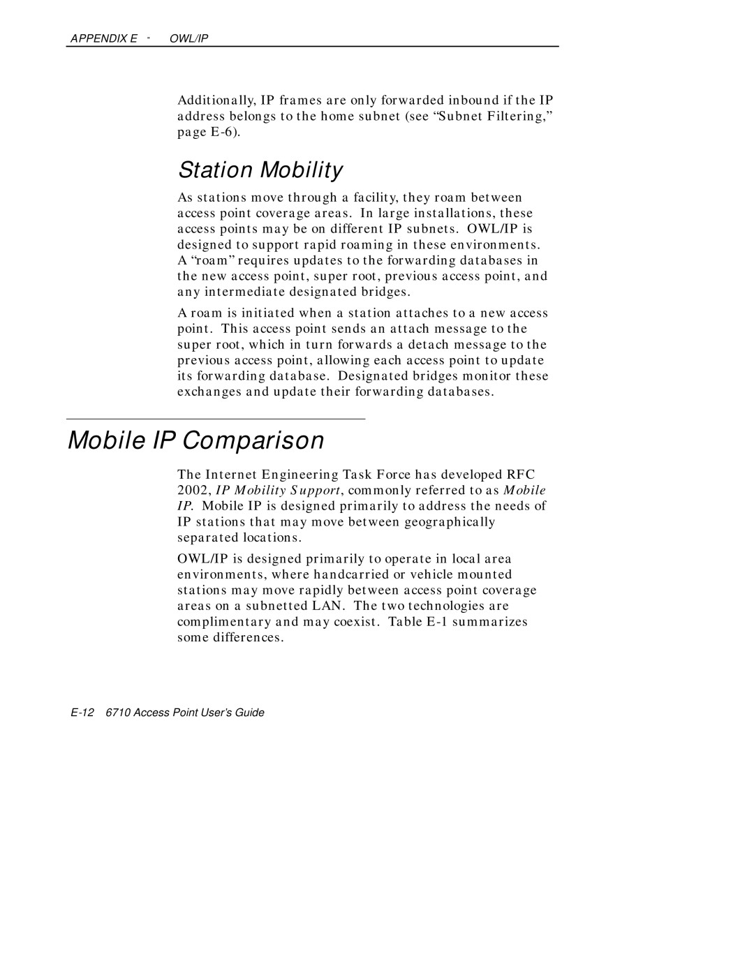 Intermec 6710 manual Mobile IP Comparison, Station Mobility 