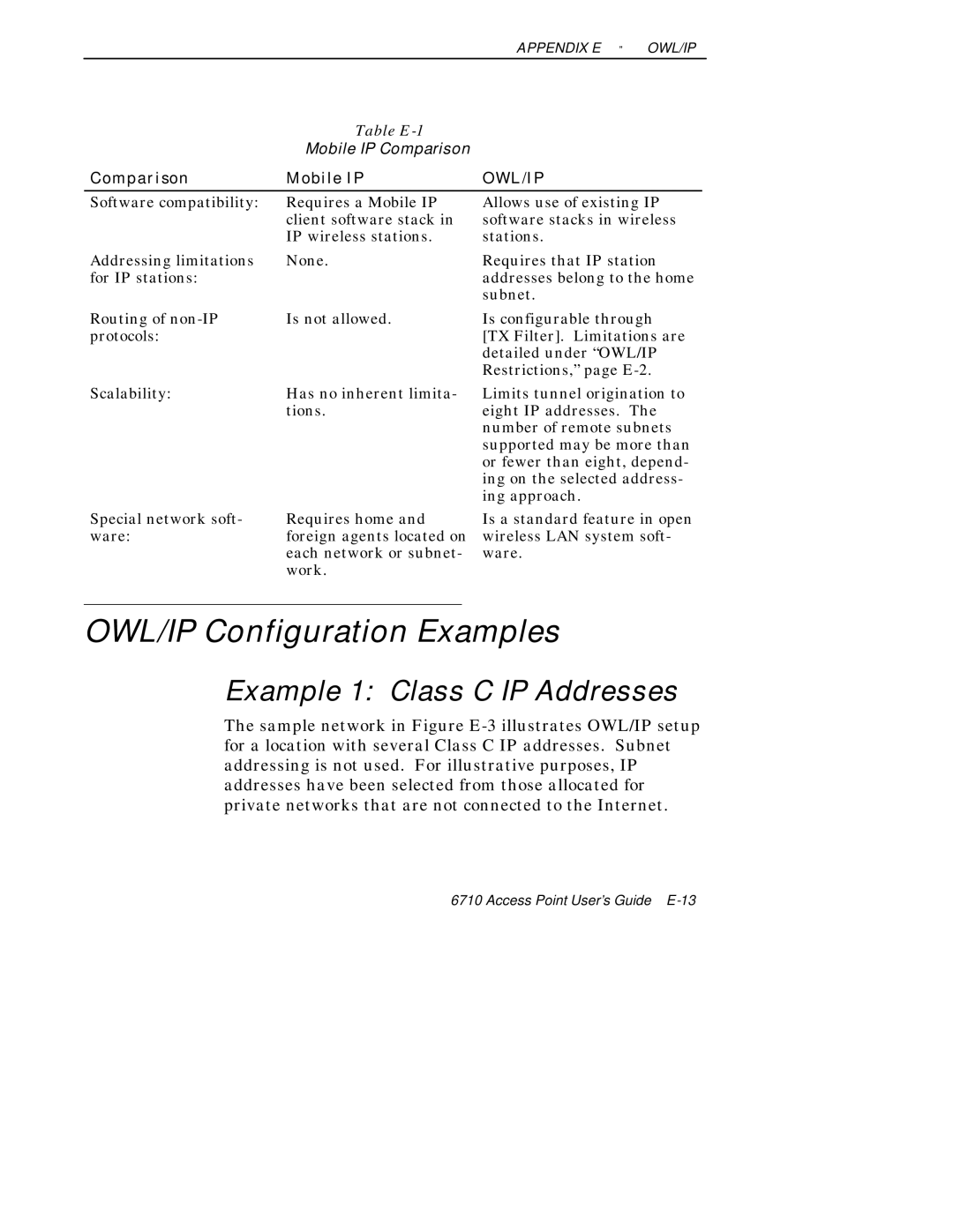 Intermec 6710 manual OWL/IP Configuration Examples, Example 1 Class C IP Addresses, Comparison Mobile IP 