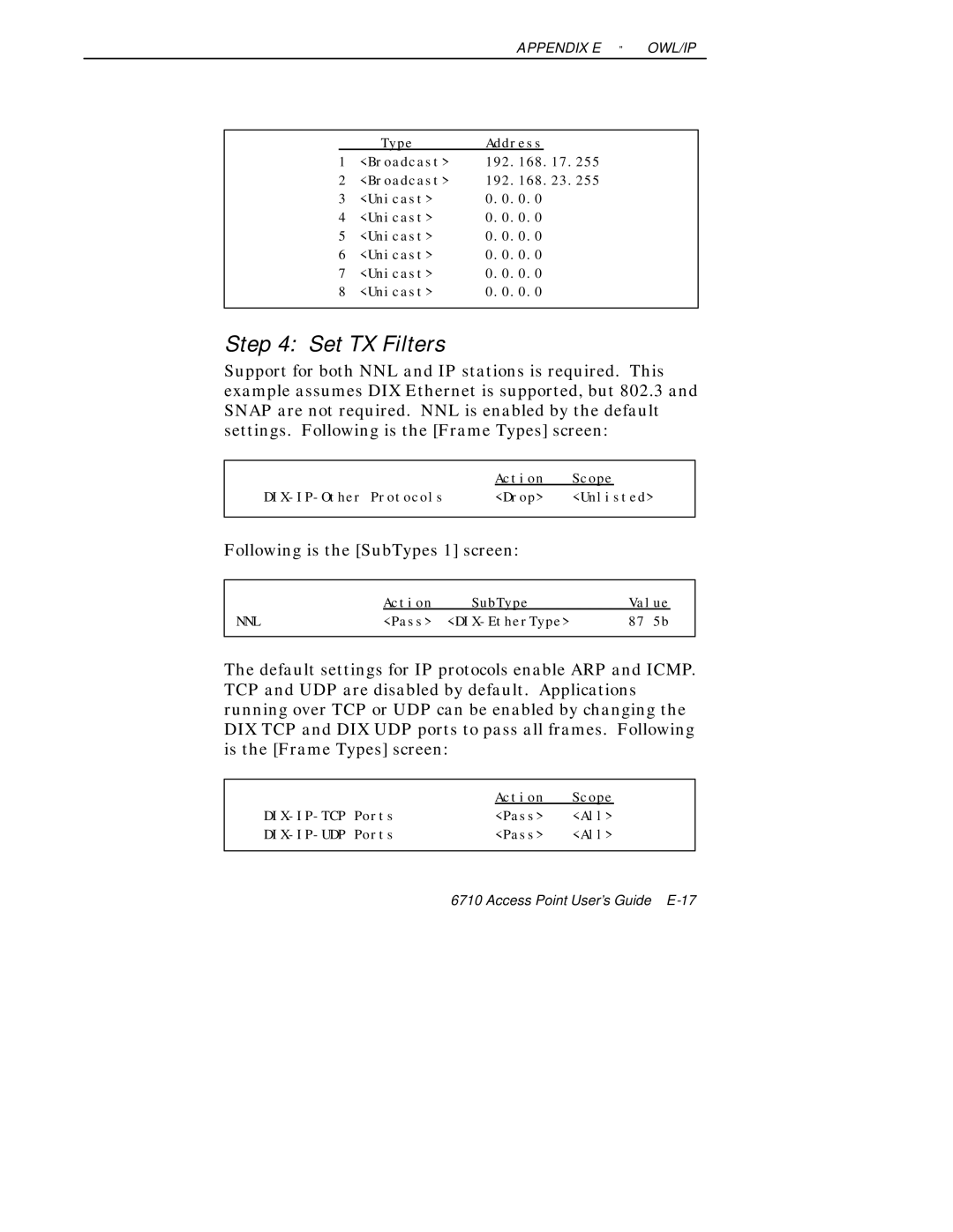 Intermec 6710 manual Set TX Filters, Following is the SubTypes 1 screen 