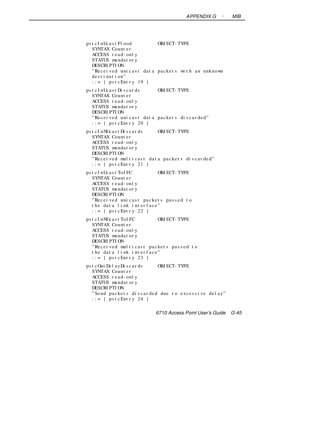 Intermec 6710 manual Send packets discarded due to excessive delay = pstcEntry 