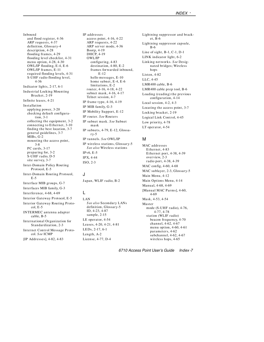 Intermec 6710 manual Access Point User’s Guide Index-7 