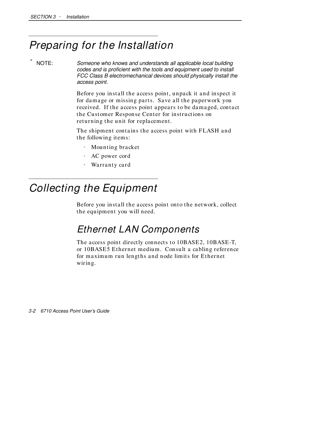 Intermec 6710 manual Preparing for the Installation, Collecting the Equipment, Ethernet LAN Components 