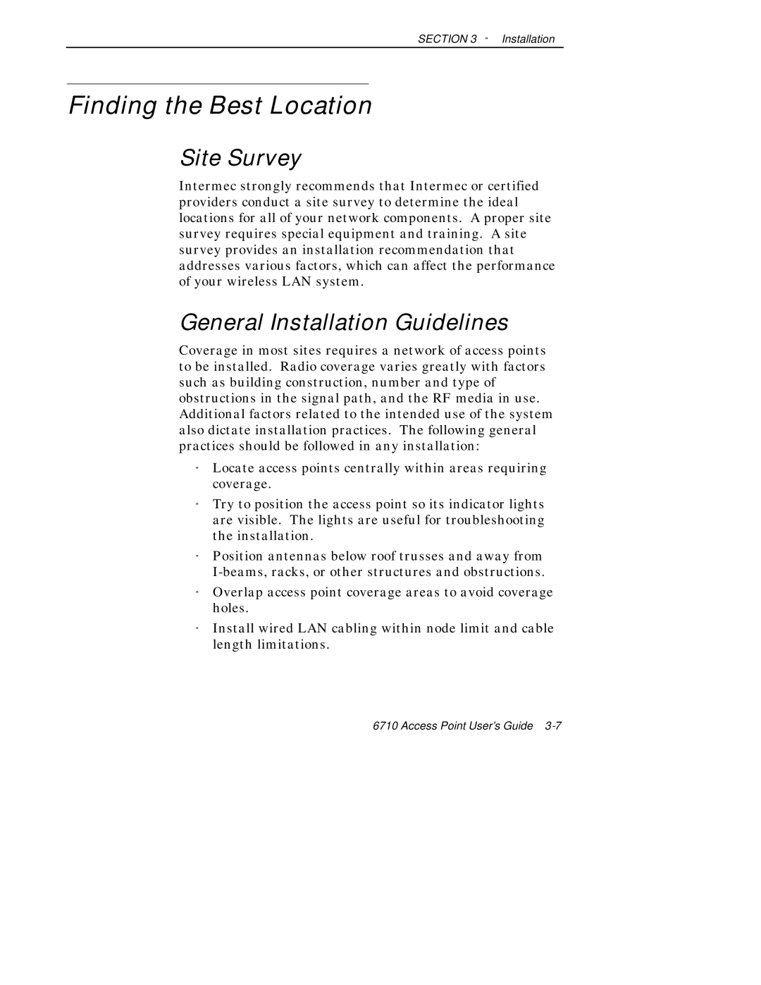 Intermec 6710 manual Finding the Best Location, Site Survey, General Installation Guidelines 