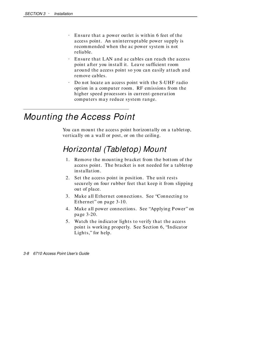 Intermec 6710 manual Mounting the Access Point, Horizontal Tabletop Mount 