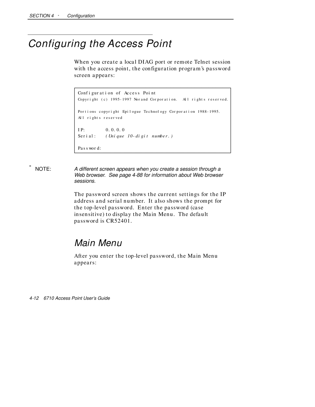 Intermec 6710 manual Configuring the Access Point, Main Menu 