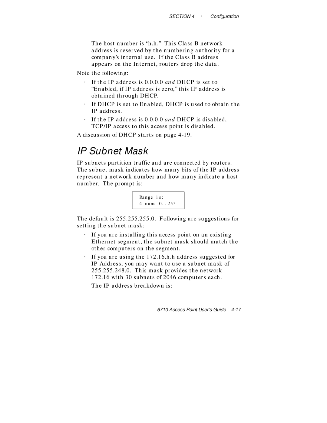 Intermec 6710 manual IP Subnet Mask, Discussion of Dhcp starts on 