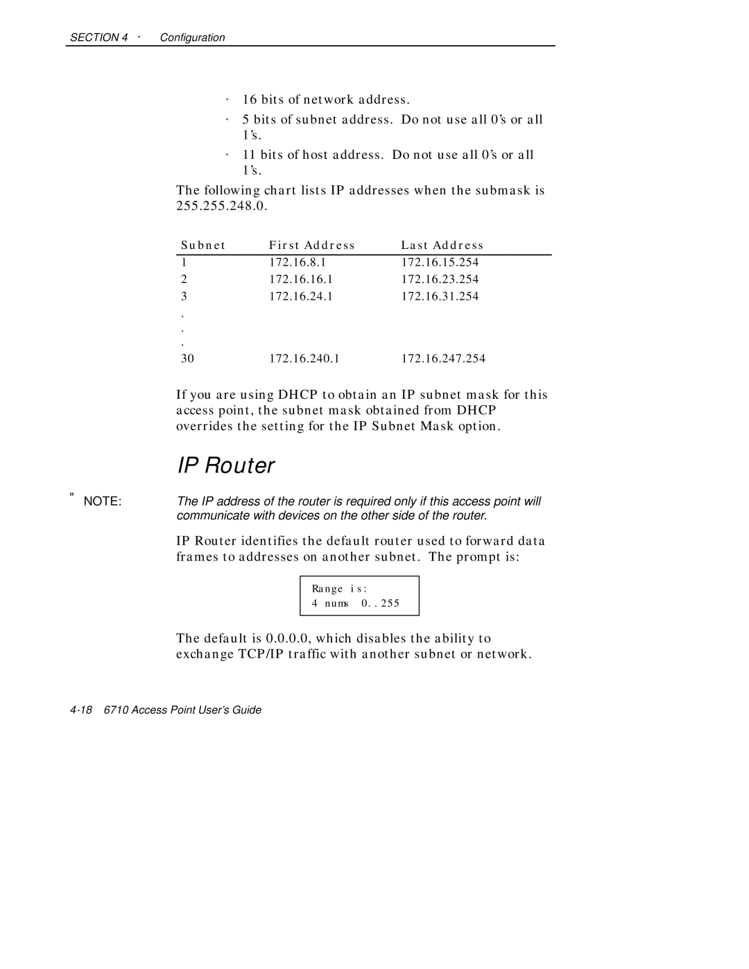 Intermec 6710 manual IP Router, Subnet First Address Last Address 