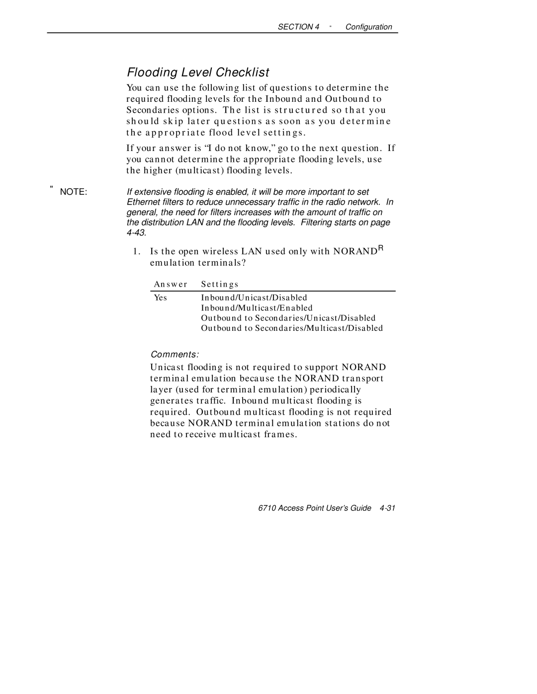 Intermec 6710 manual Flooding Level Checklist, Answer Settings 