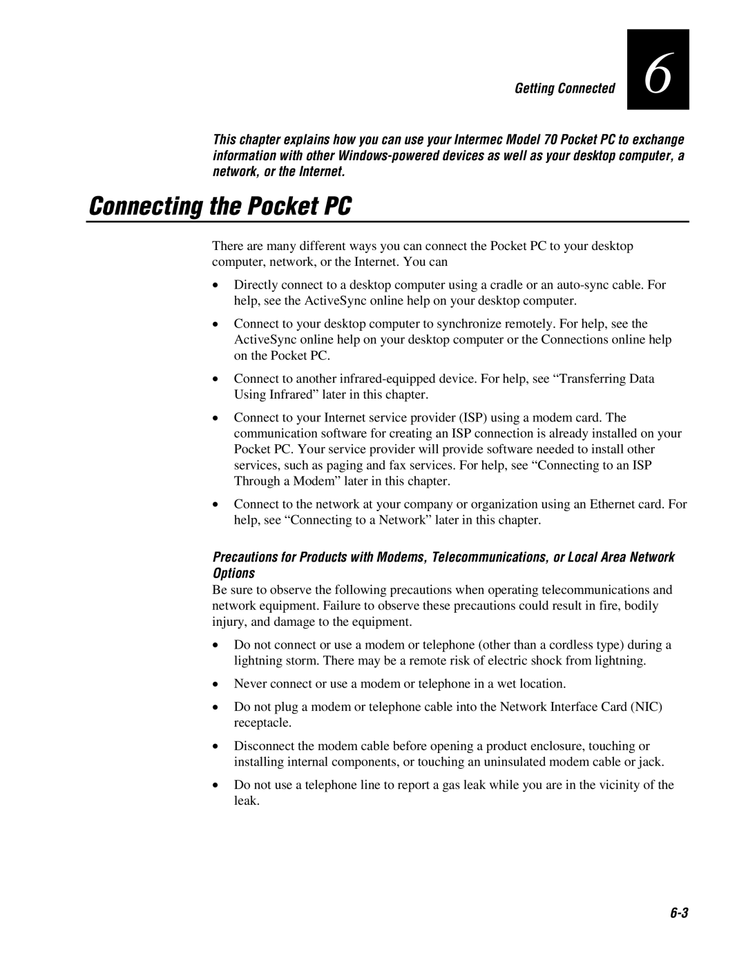 Intermec 70 manual Connecting the Pocket PC 