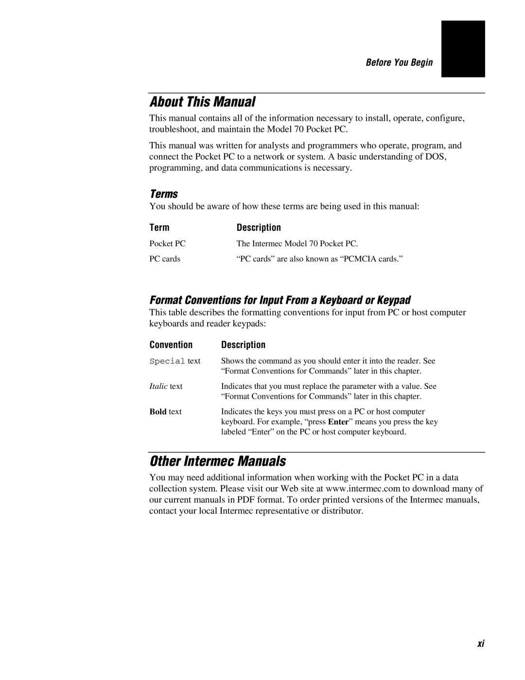 Intermec 70 manual About This Manual, Other Intermec Manuals, Term Description, Convention Description 