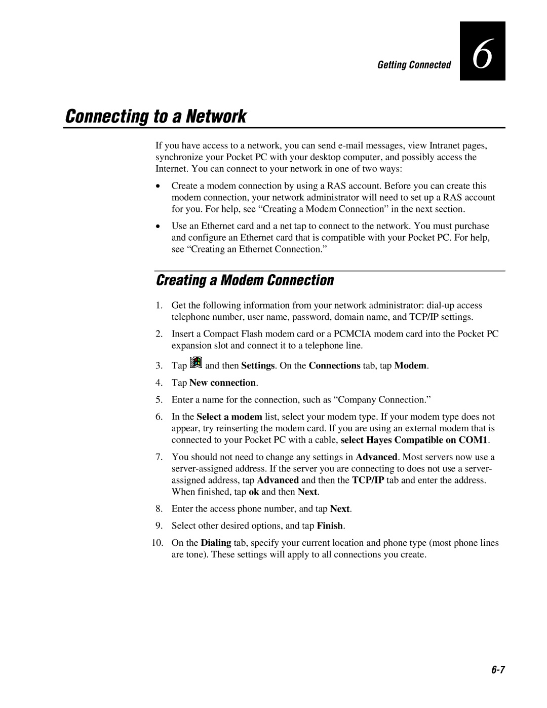 Intermec 70 manual Connecting to a Network, Creating a Modem Connection 