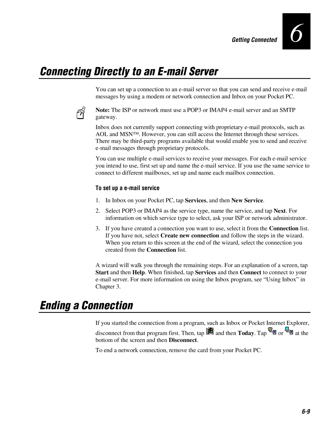 Intermec 70 manual Connecting Directly to an E-mail Server, Ending a Connection, To set up a e-mail service 