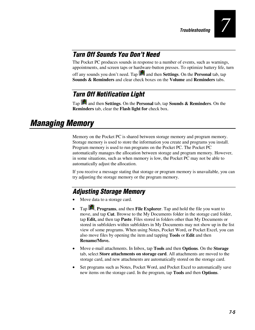 Intermec 70 manual Managing Memory, Turn Off Sounds You Don’t Need, Turn Off Notification Light, Adjusting Storage Memory 