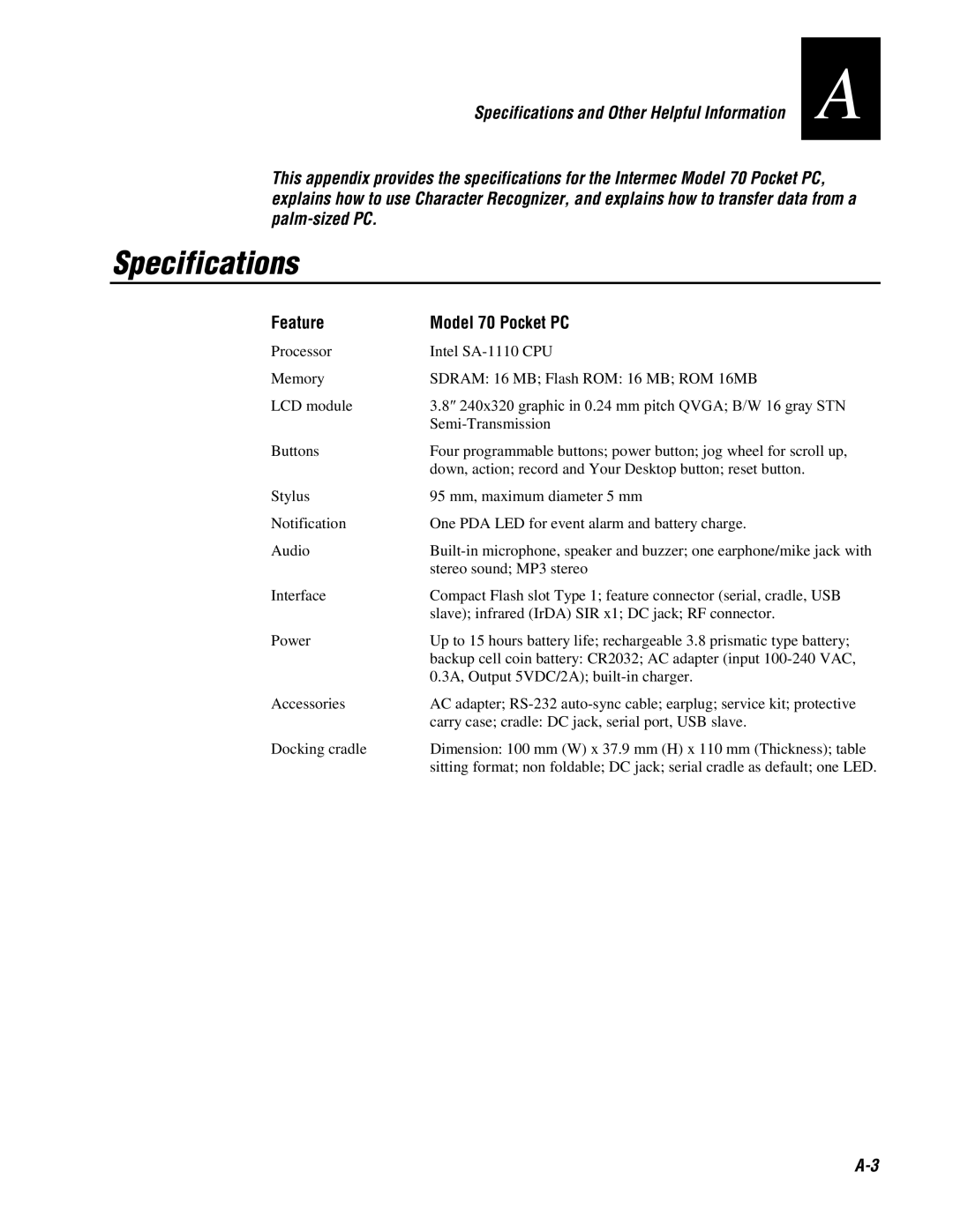 Intermec manual Specifications, Feature Model 70 Pocket PC 