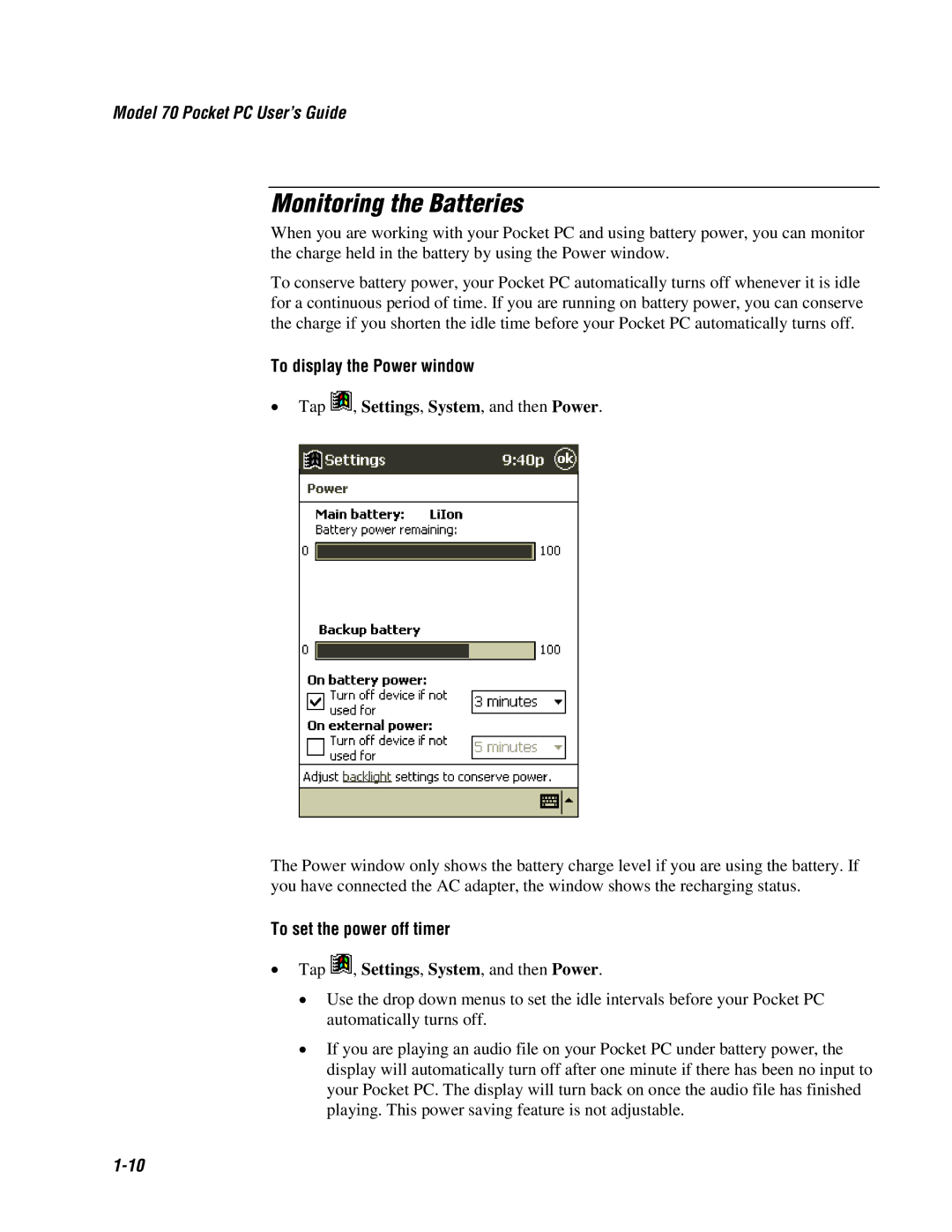 Intermec 70 manual Monitoring the Batteries, To display the Power window, To set the power off timer 