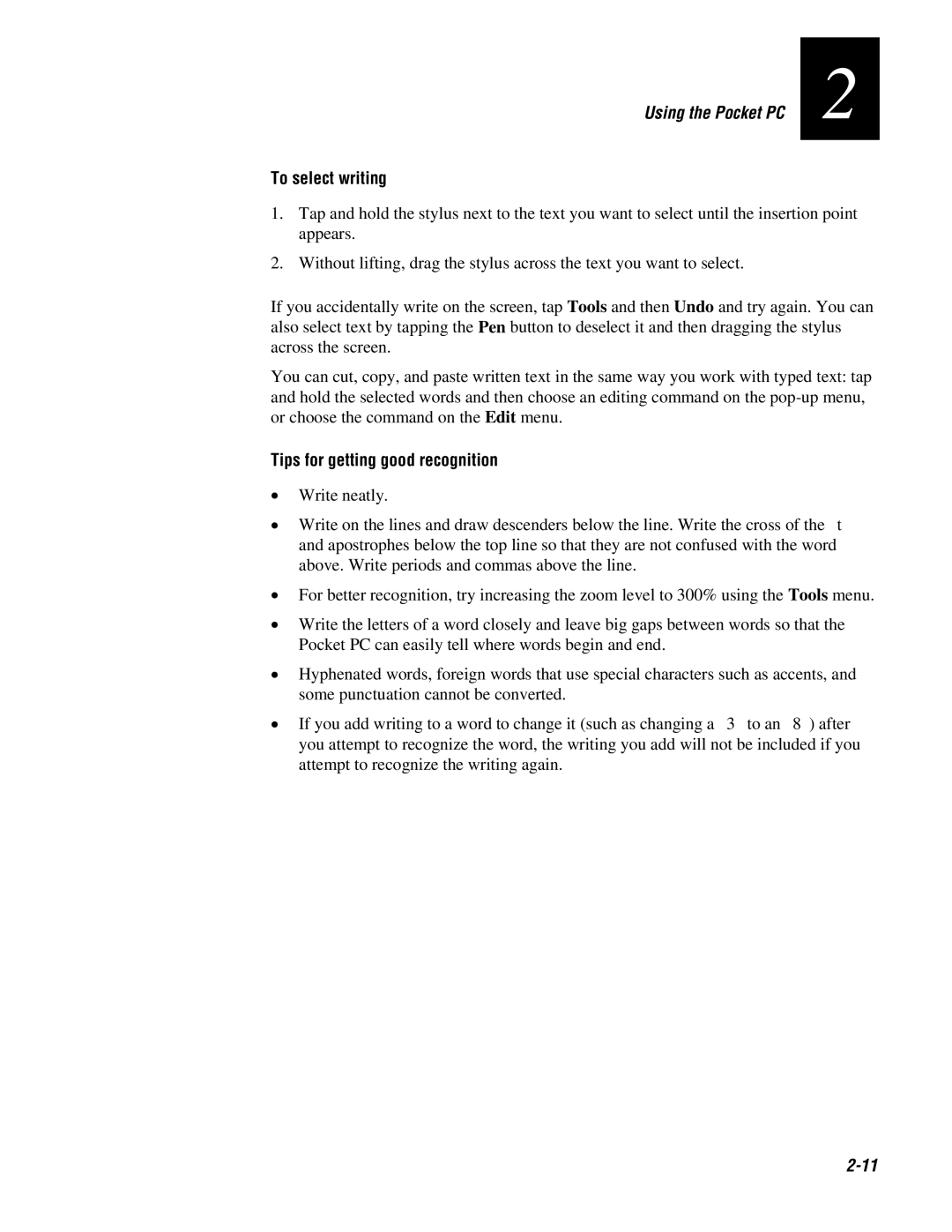 Intermec 70 manual To select writing, Tips for getting good recognition 