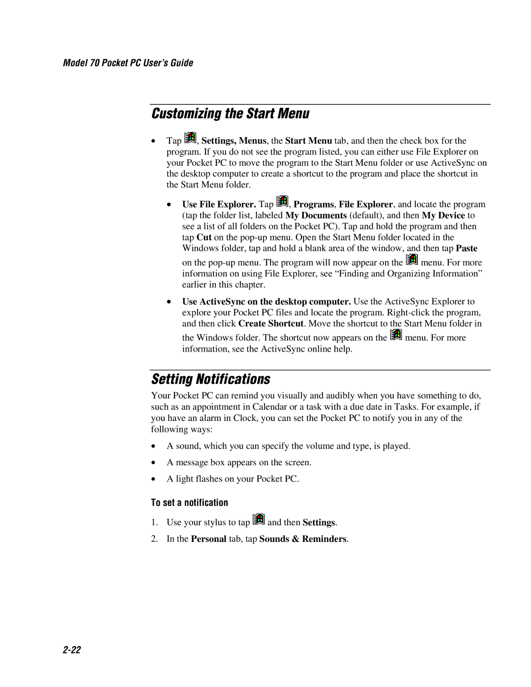 Intermec 70 manual Customizing the Start Menu, Setting Notifications, To set a notification 