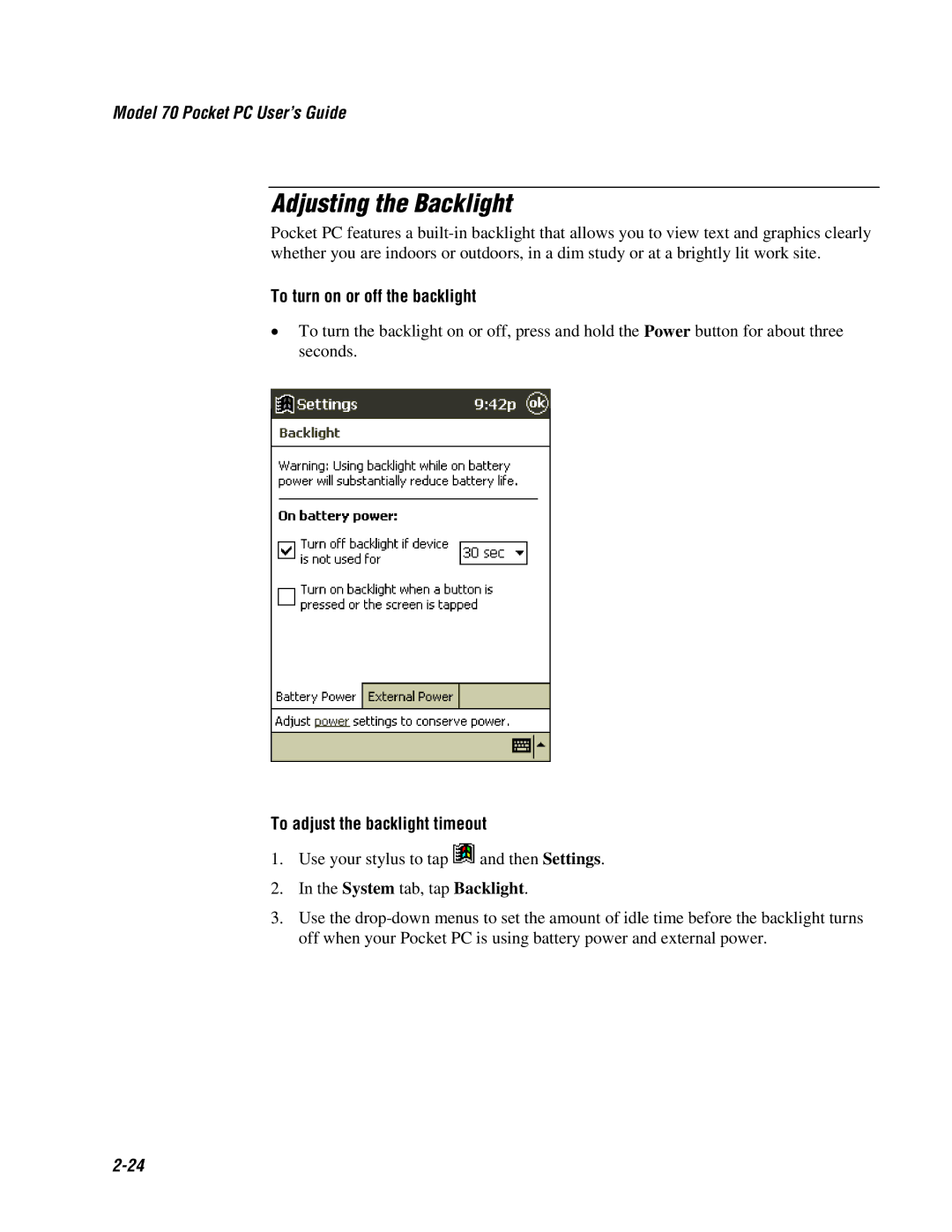 Intermec 70 manual Adjusting the Backlight, To turn on or off the backlight, To adjust the backlight timeout 