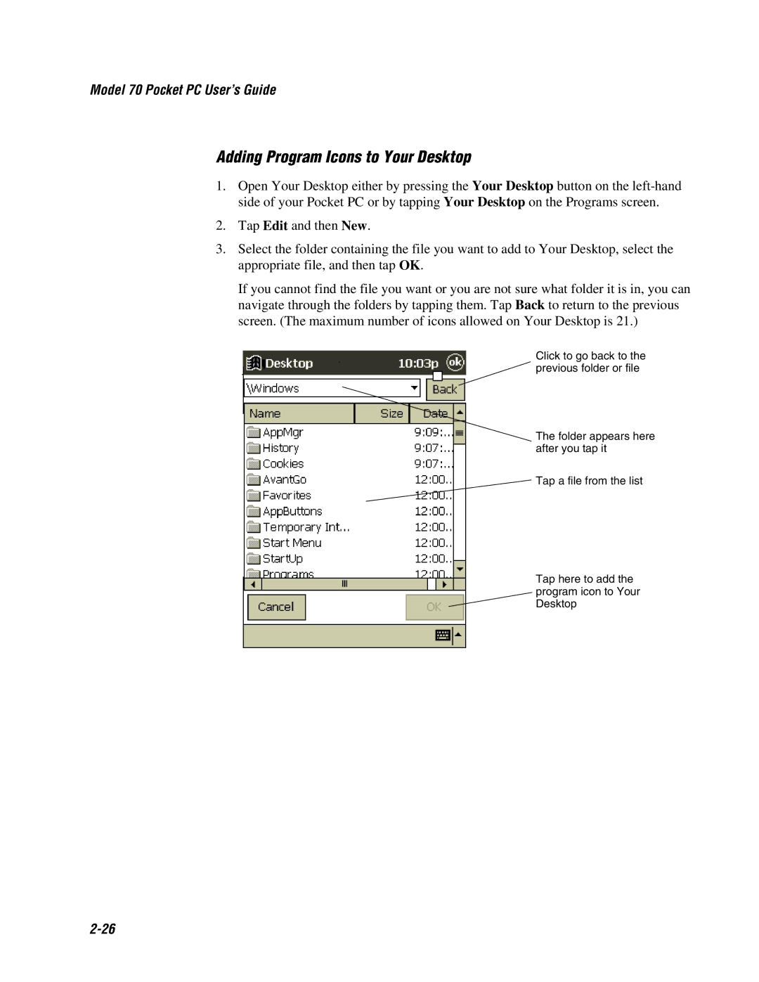 Intermec 70 manual Adding Program Icons to Your Desktop 