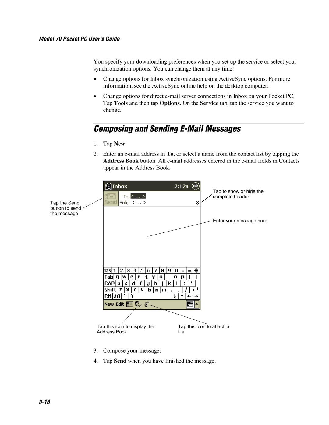 Intermec 70 manual Composing and Sending E-Mail Messages 