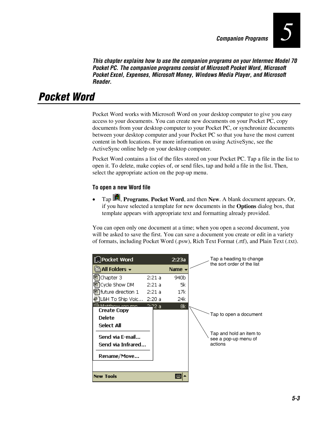 Intermec 70 manual Pocket Word, To open a new Word file 