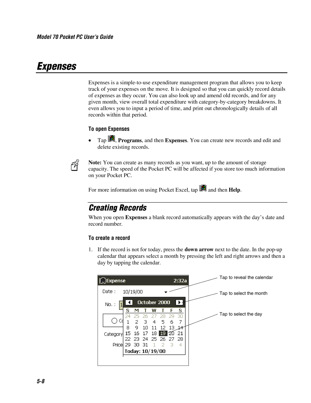 Intermec 70 manual Creating Records, To open Expenses, To create a record 