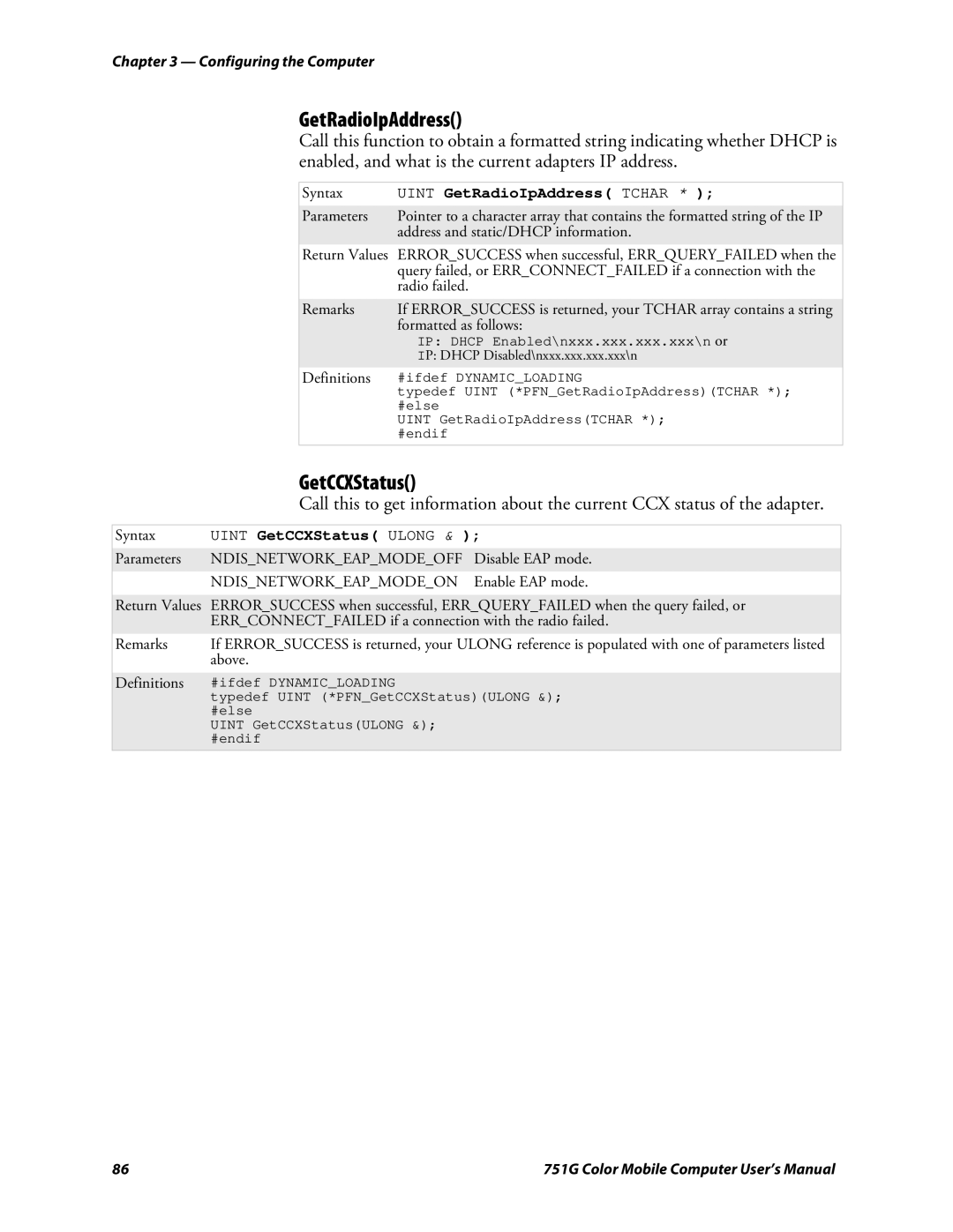 Intermec 751G user manual Uint GetRadioIpAddress Tchar, Uint GetCCXStatus Ulong 