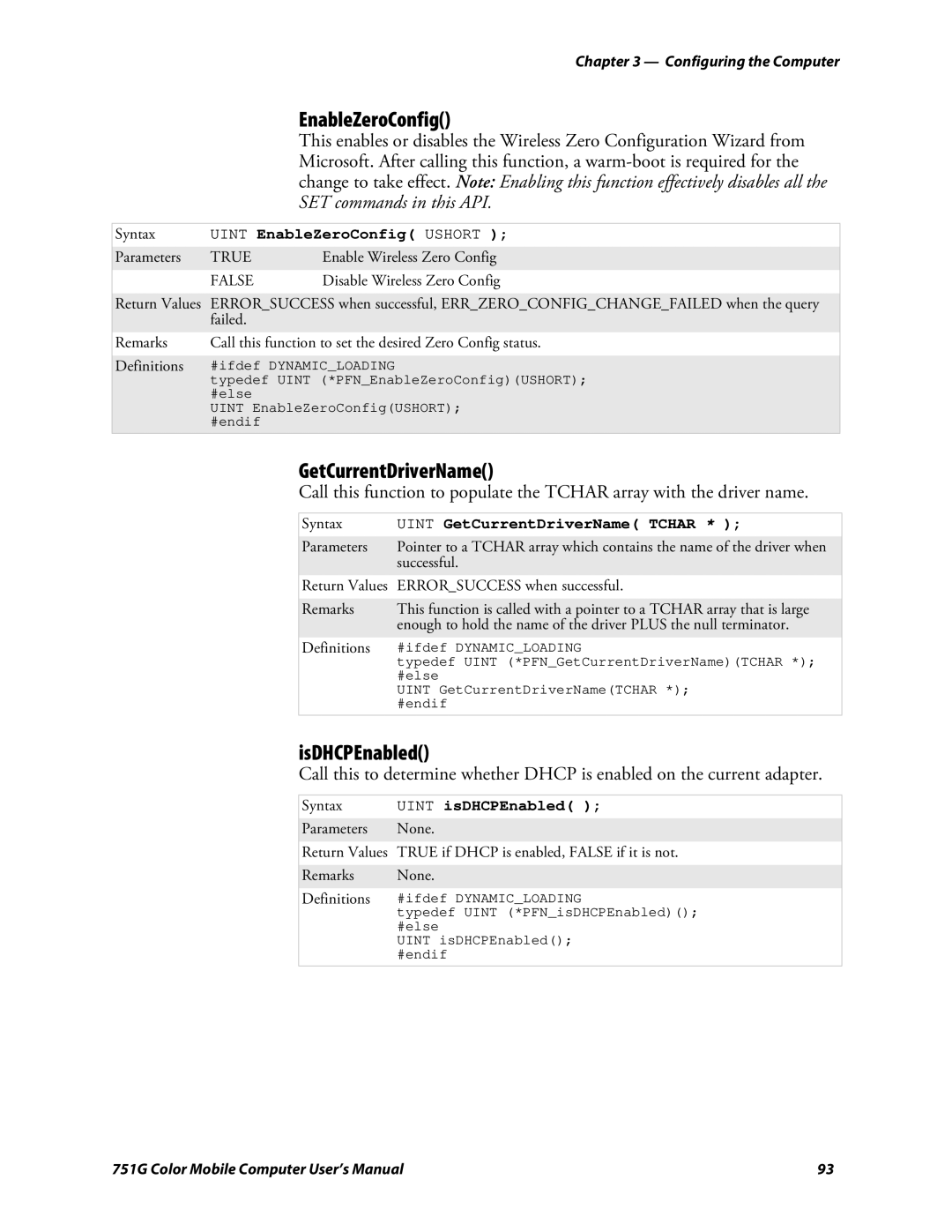 Intermec 751G user manual EnableZeroConfig, GetCurrentDriverName, IsDHCPEnabled 