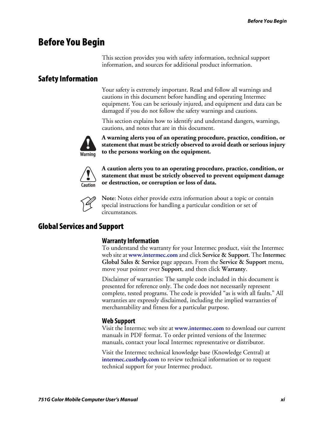 Intermec 751G Before You Begin, Safety Information, Global Services and Support, Warranty Information, Web Support 