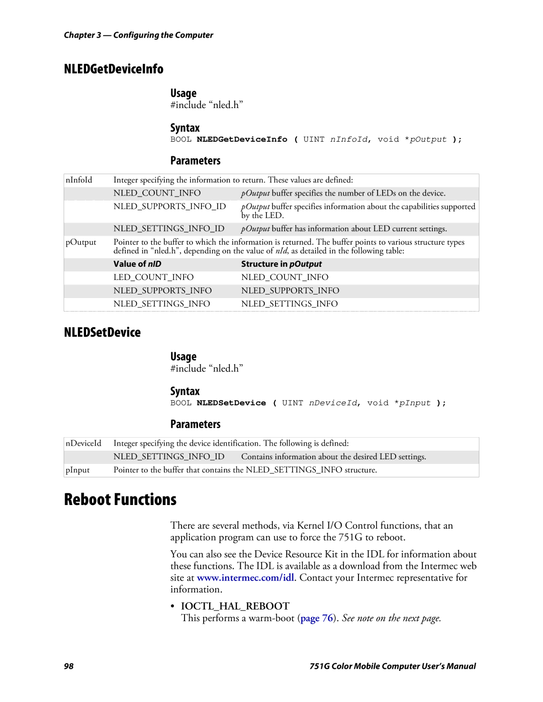 Intermec 751G user manual Reboot Functions, NLEDGetDeviceInfo, NLEDSetDevice, #include nled.h 