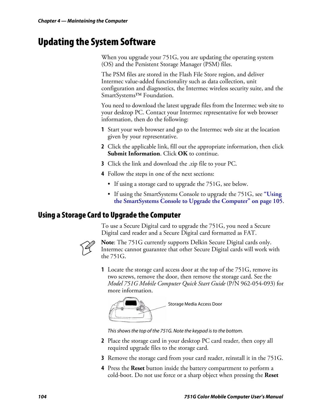 Intermec 751G user manual Updating the System Software, Using a Storage Card to Upgrade the Computer 