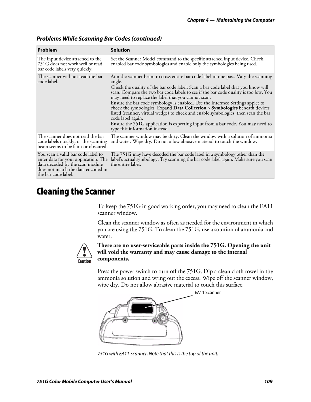 Intermec 751G user manual Cleaning the Scanner 