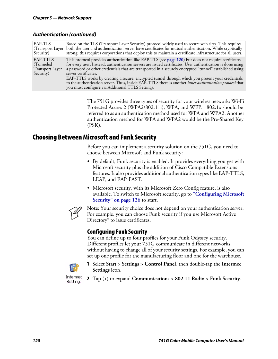 Intermec 751G user manual Choosing Between Microsoft and Funk Security, Configuring Funk Security, Eap-Tls, Eap-Ttls 