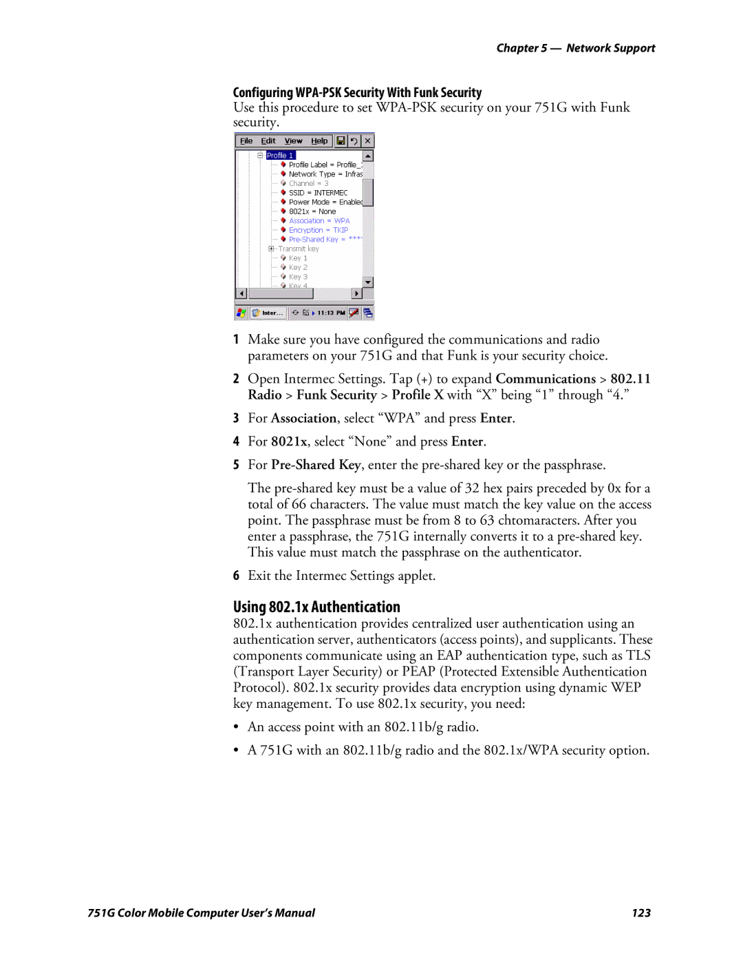 Intermec 751G user manual Using 802.1x Authentication, Configuring WPA-PSK Security With Funk Security 