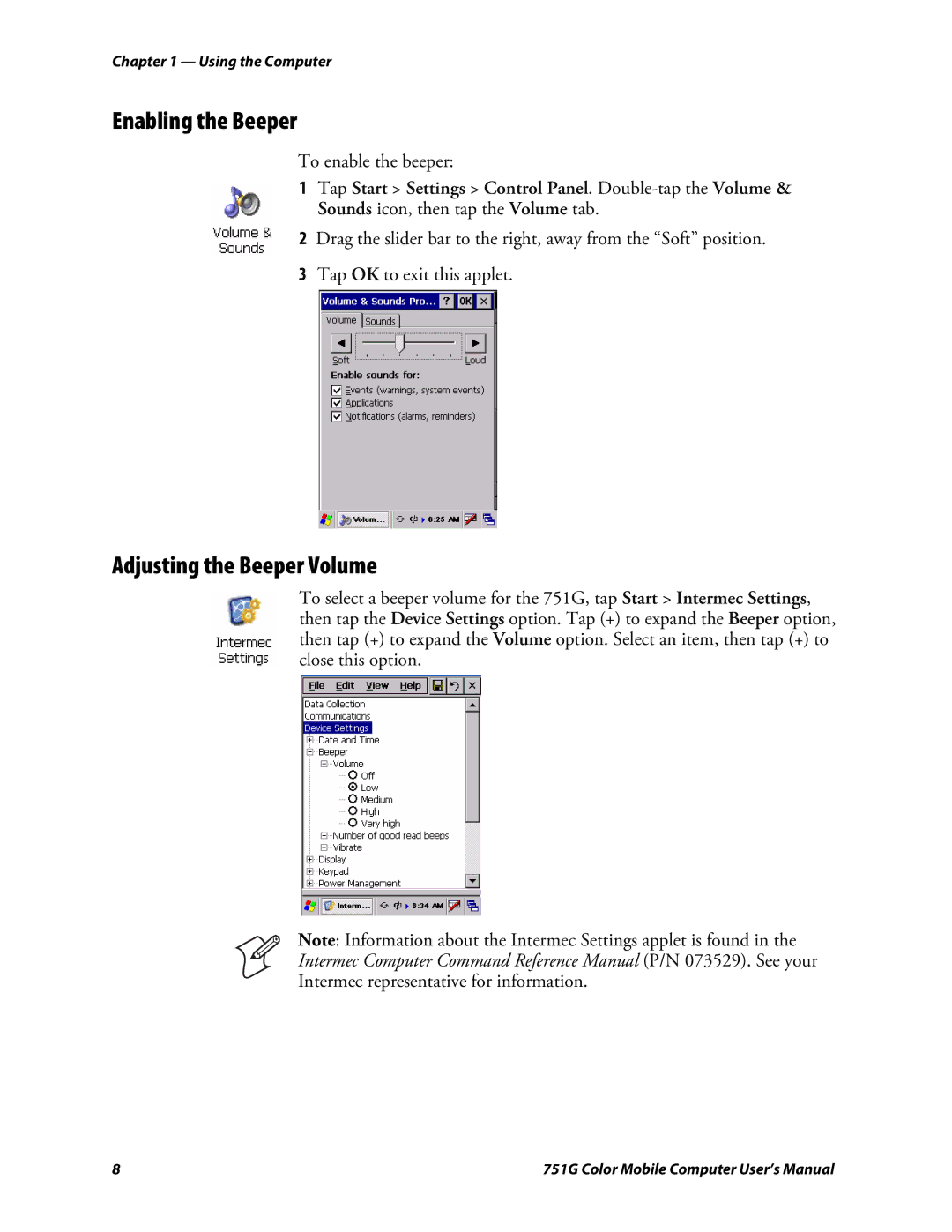 Intermec 751G user manual Enabling the Beeper, Adjusting the Beeper Volume, To enable the beeper 