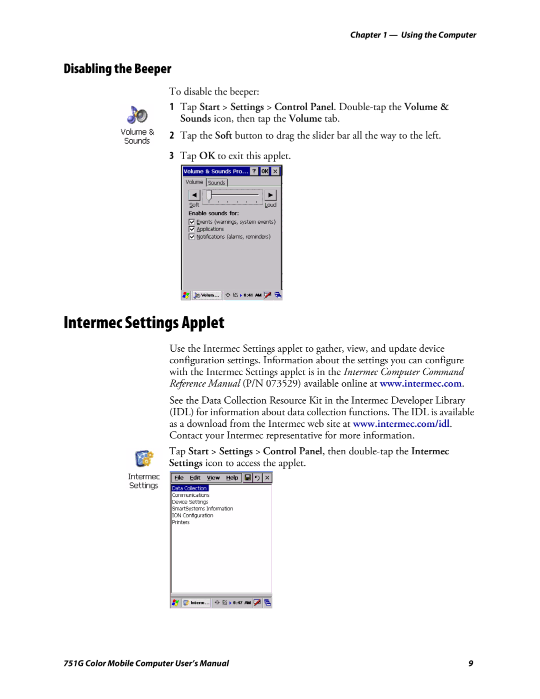 Intermec 751G Intermec Settings Applet, Disabling the Beeper, To disable the beeper, Settings icon to access the applet 