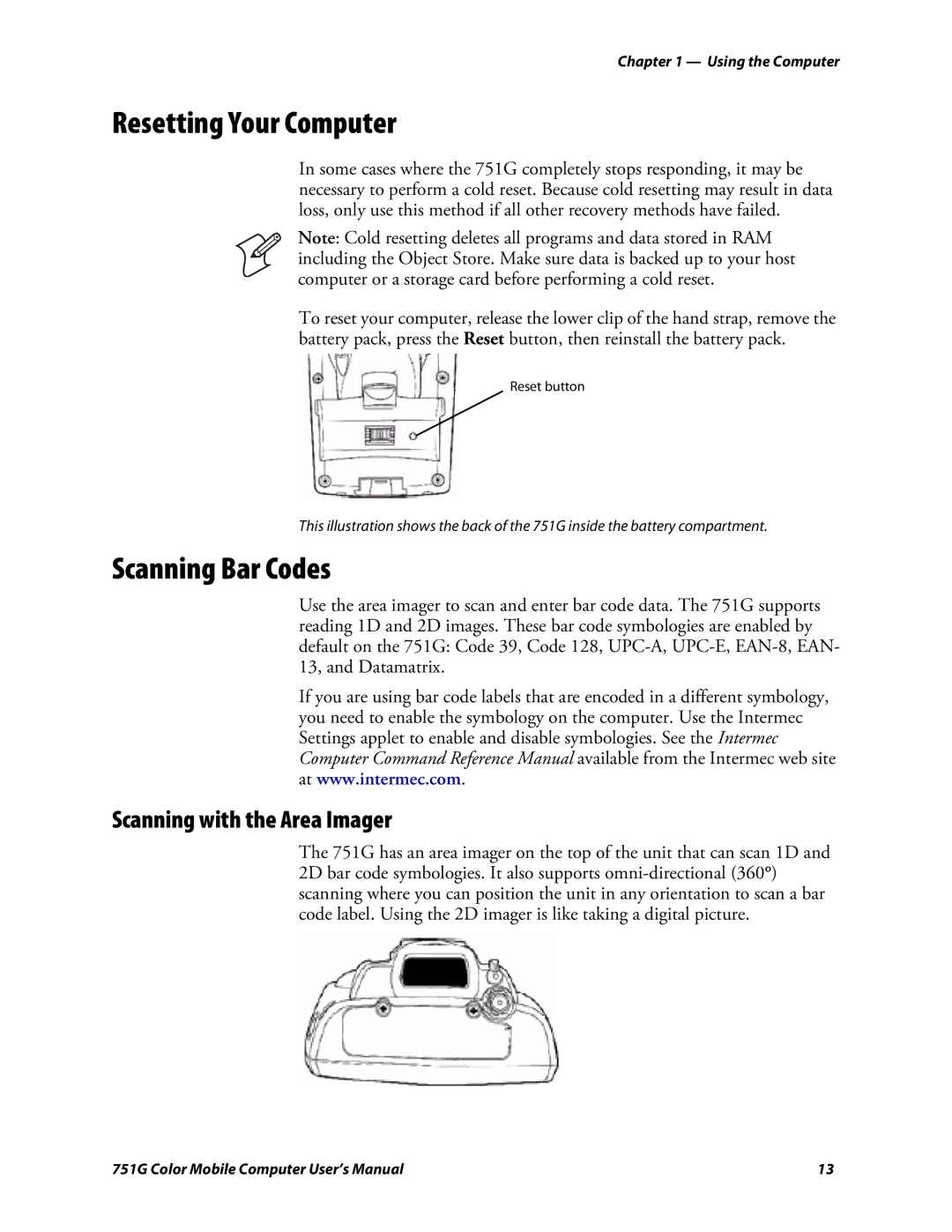 Intermec 751G user manual Resetting Your Computer, Scanning Bar Codes, Scanning with the Area Imager 