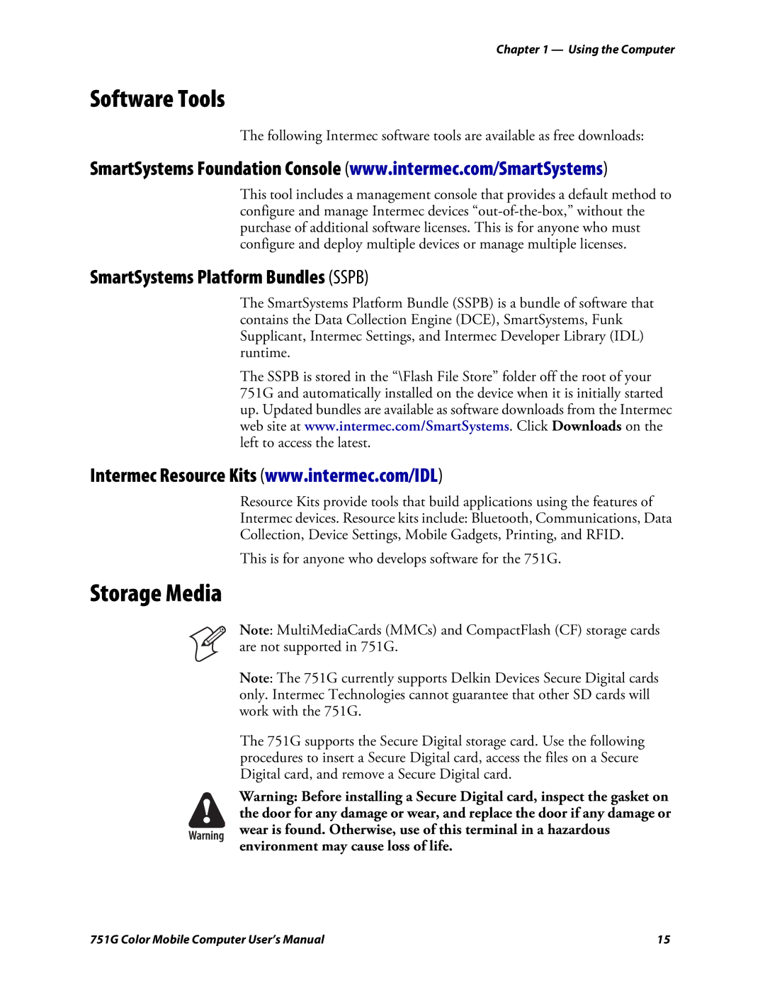 Intermec 751G user manual Software Tools, Storage Media, SmartSystems Platform Bundles Sspb 