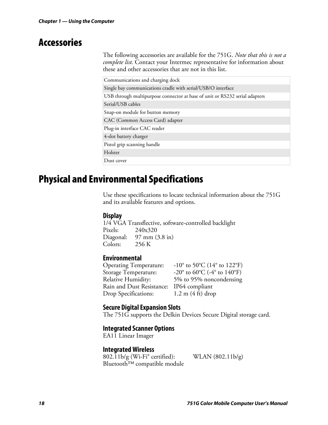 Intermec 751G user manual Accessories, Physical and Environmental Specifications 