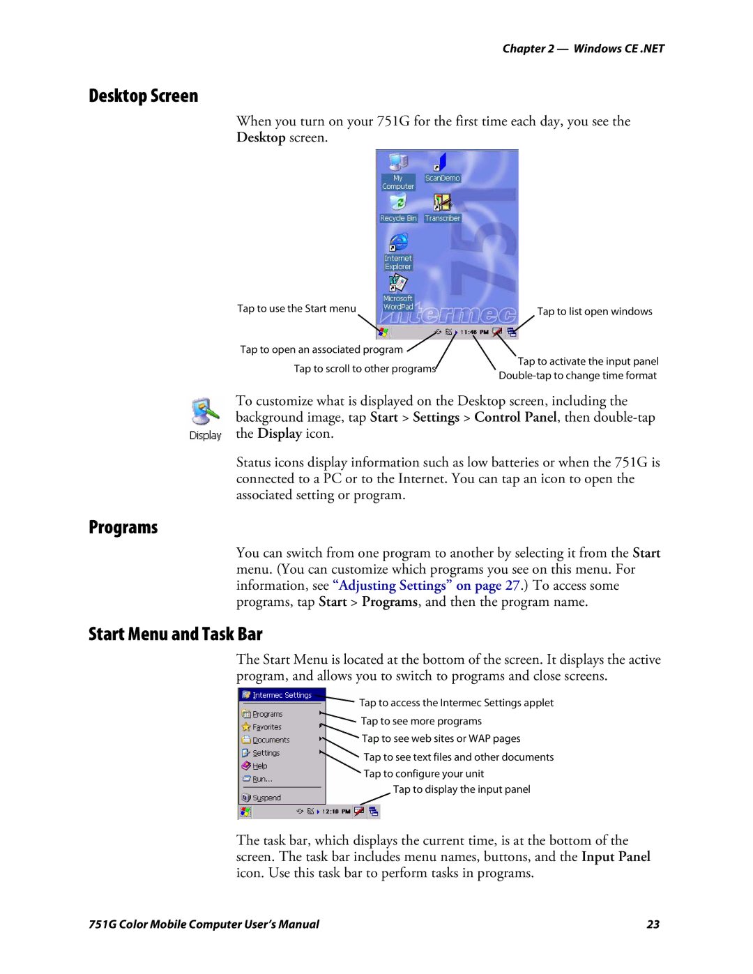 Intermec 751G user manual Desktop Screen, Programs, Start Menu and Task Bar 