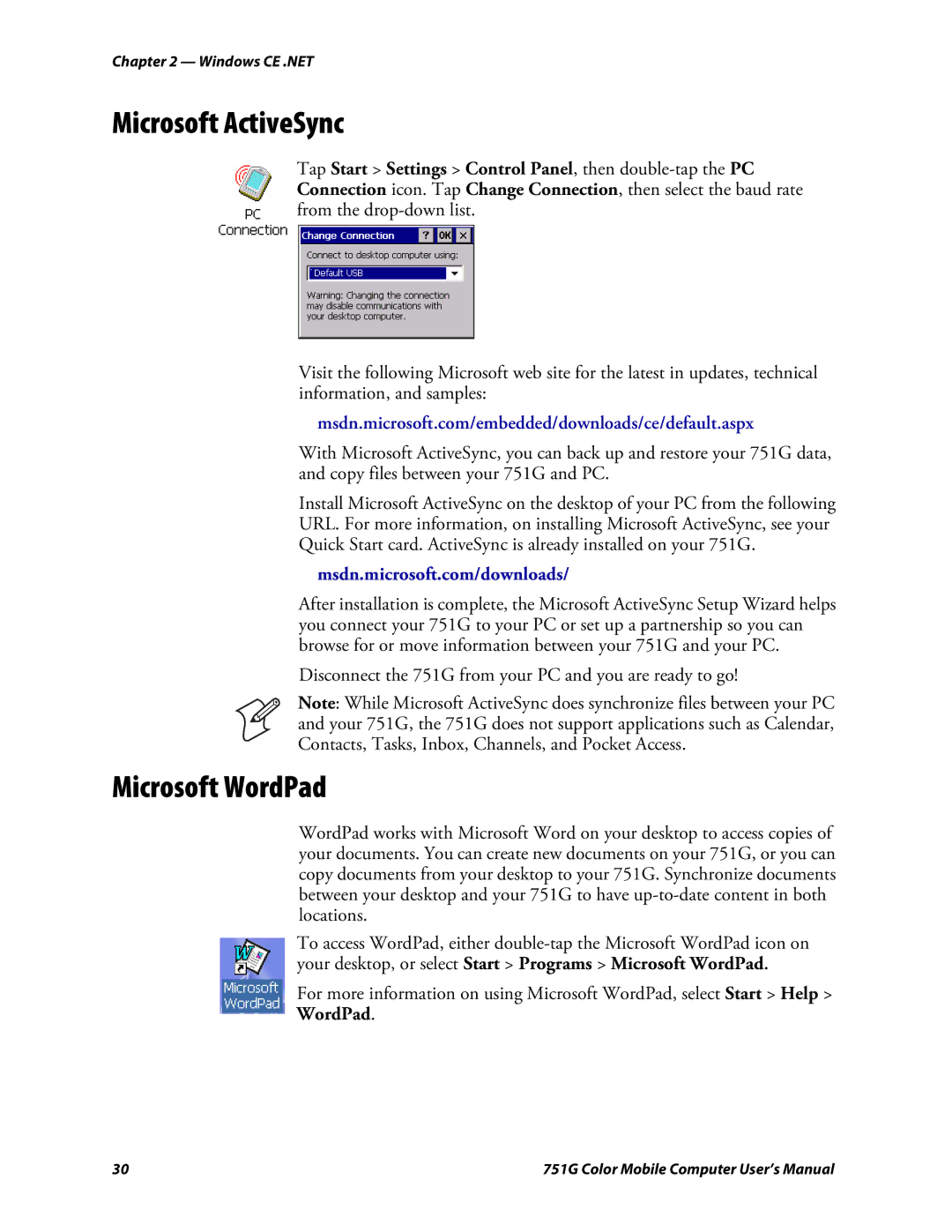 Intermec 751G user manual Microsoft ActiveSync, Microsoft WordPad 