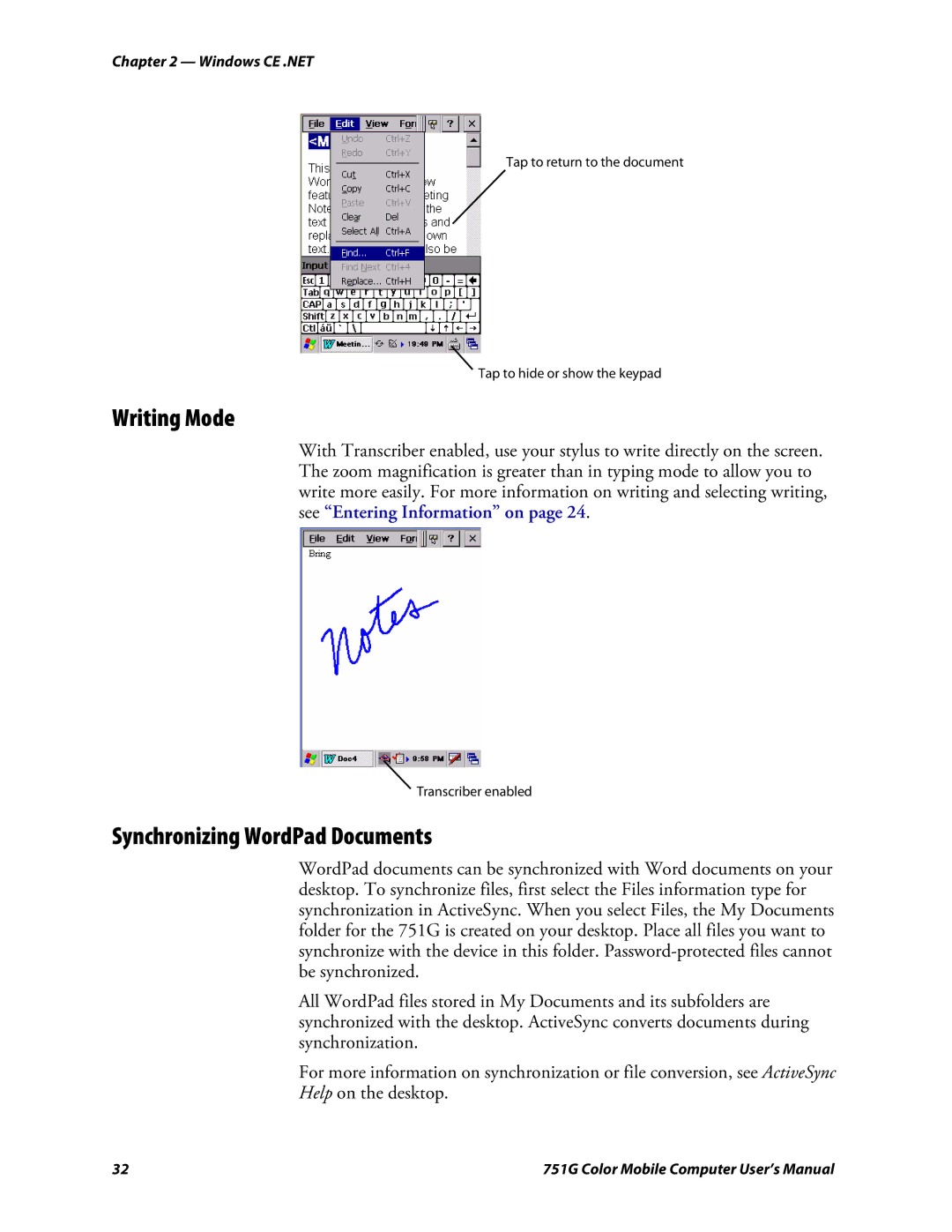 Intermec 751G user manual Writing Mode, Synchronizing WordPad Documents 