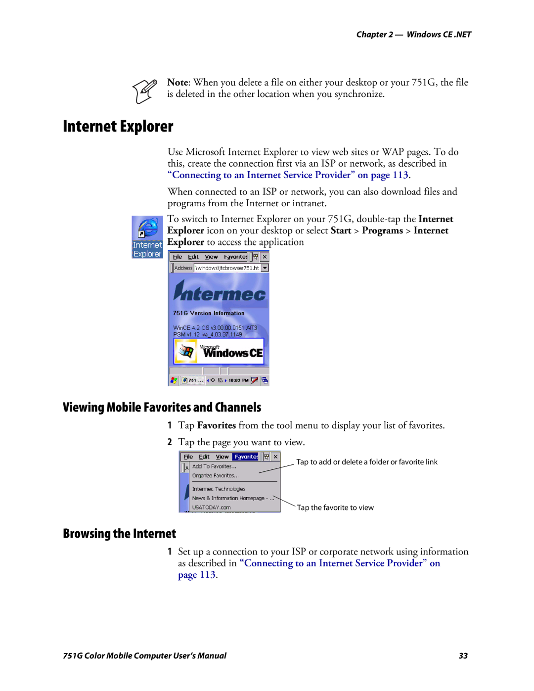 Intermec 751G user manual Internet Explorer, Viewing Mobile Favorites and Channels, Browsing the Internet 