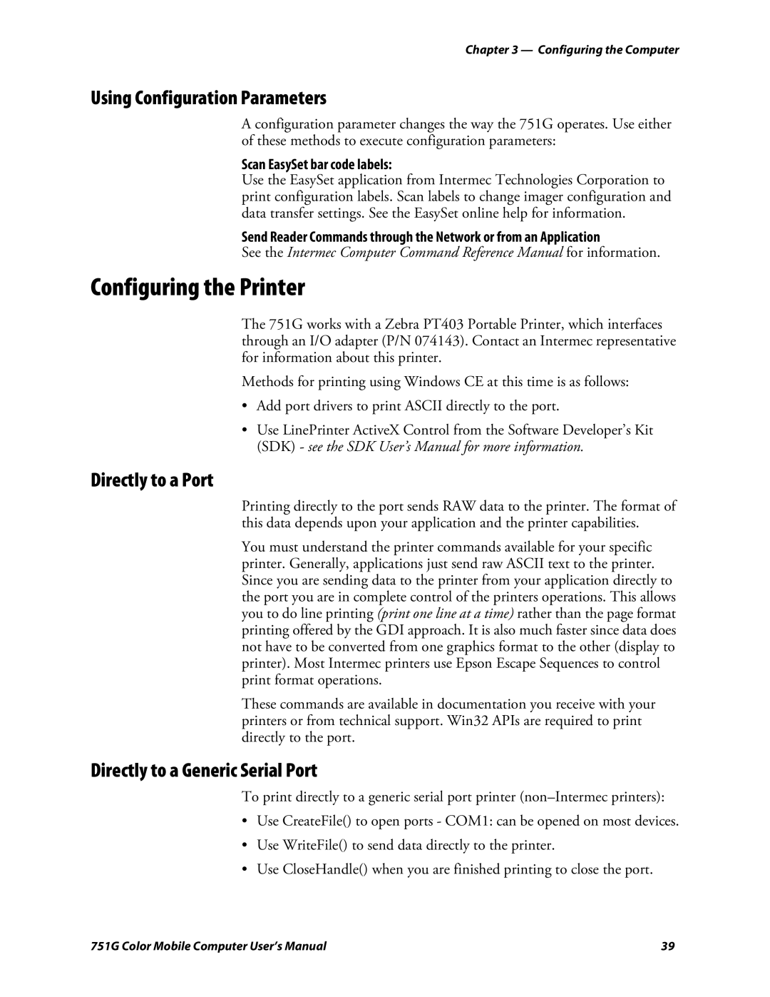 Intermec 751G Configuring the Printer, Using Configuration Parameters, Directly to a Port, Scan EasySet bar code labels 