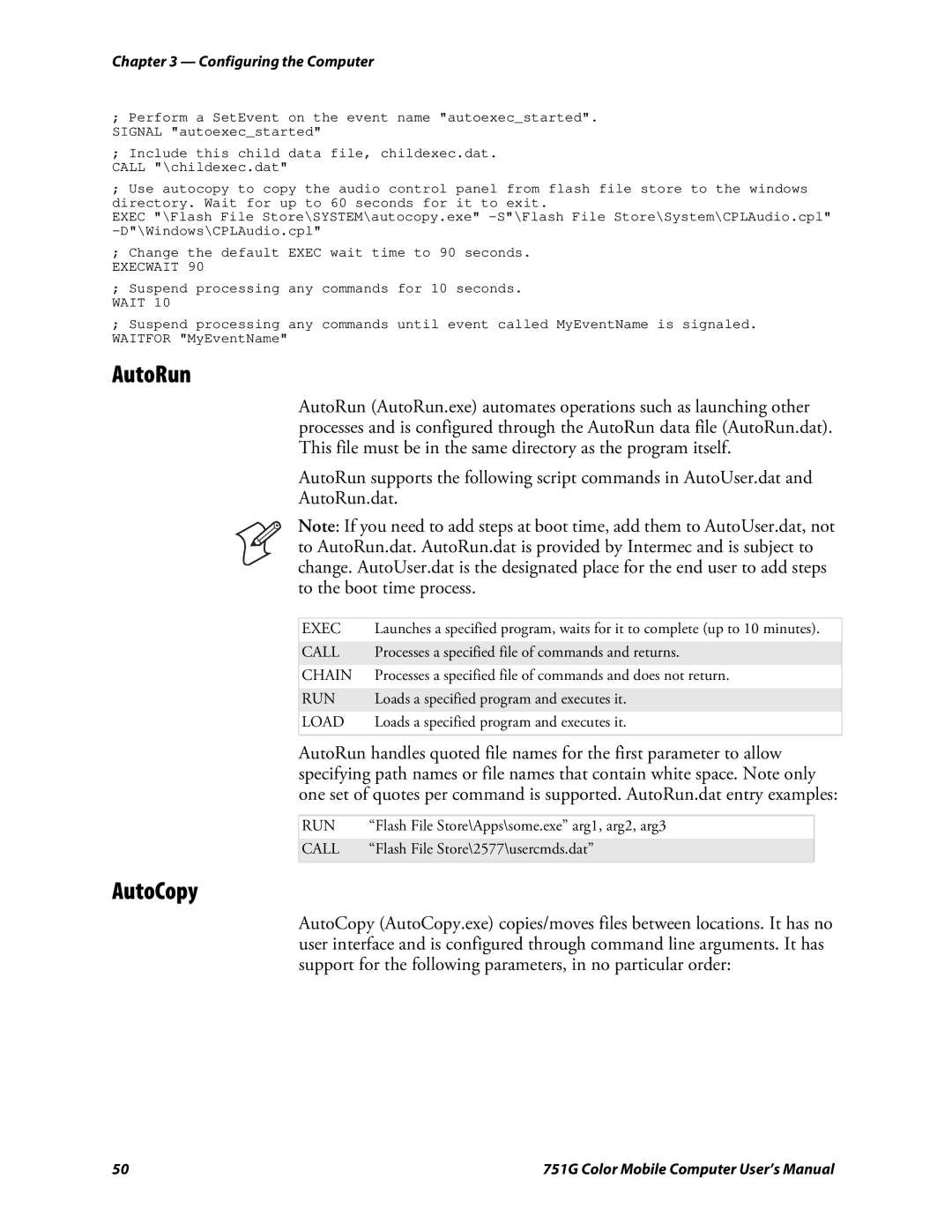 Intermec 751G user manual AutoRun, AutoCopy, Chain 