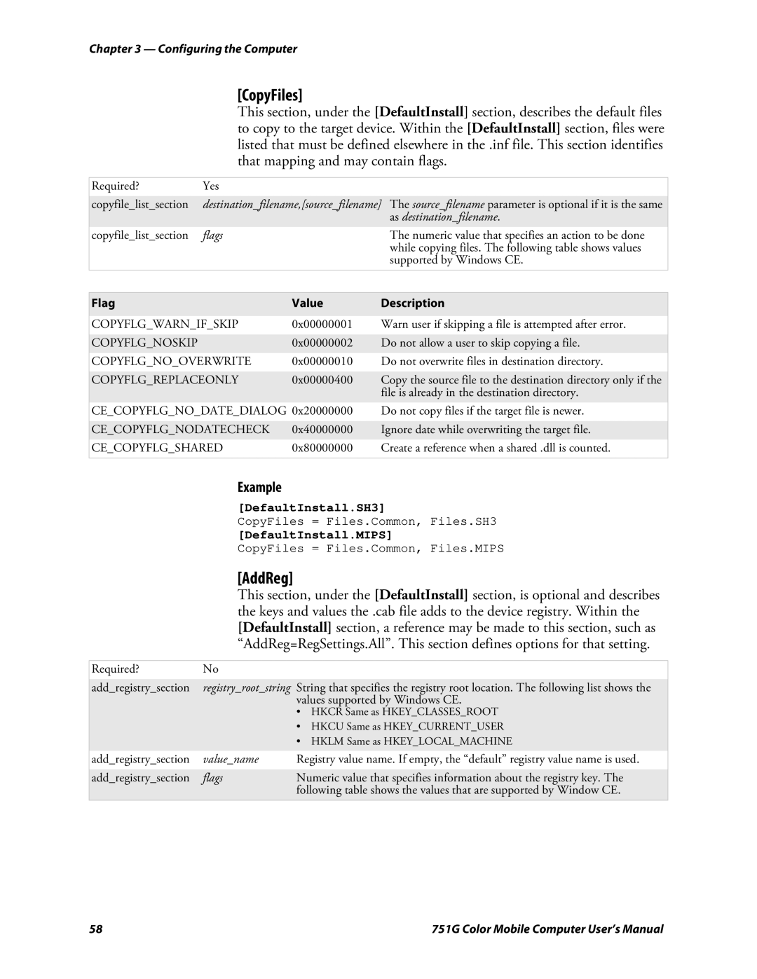 Intermec 751G user manual CopyFiles, AddReg, That mapping and may contain flags, DefaultInstall.SH3, DefaultInstall.MIPS 