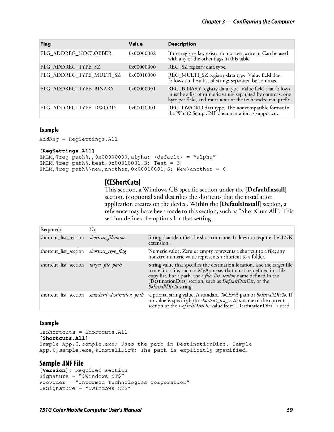 Intermec 751G user manual CEShortCuts, Sample .INF File, RegSettings.All, Shortcuts.All 